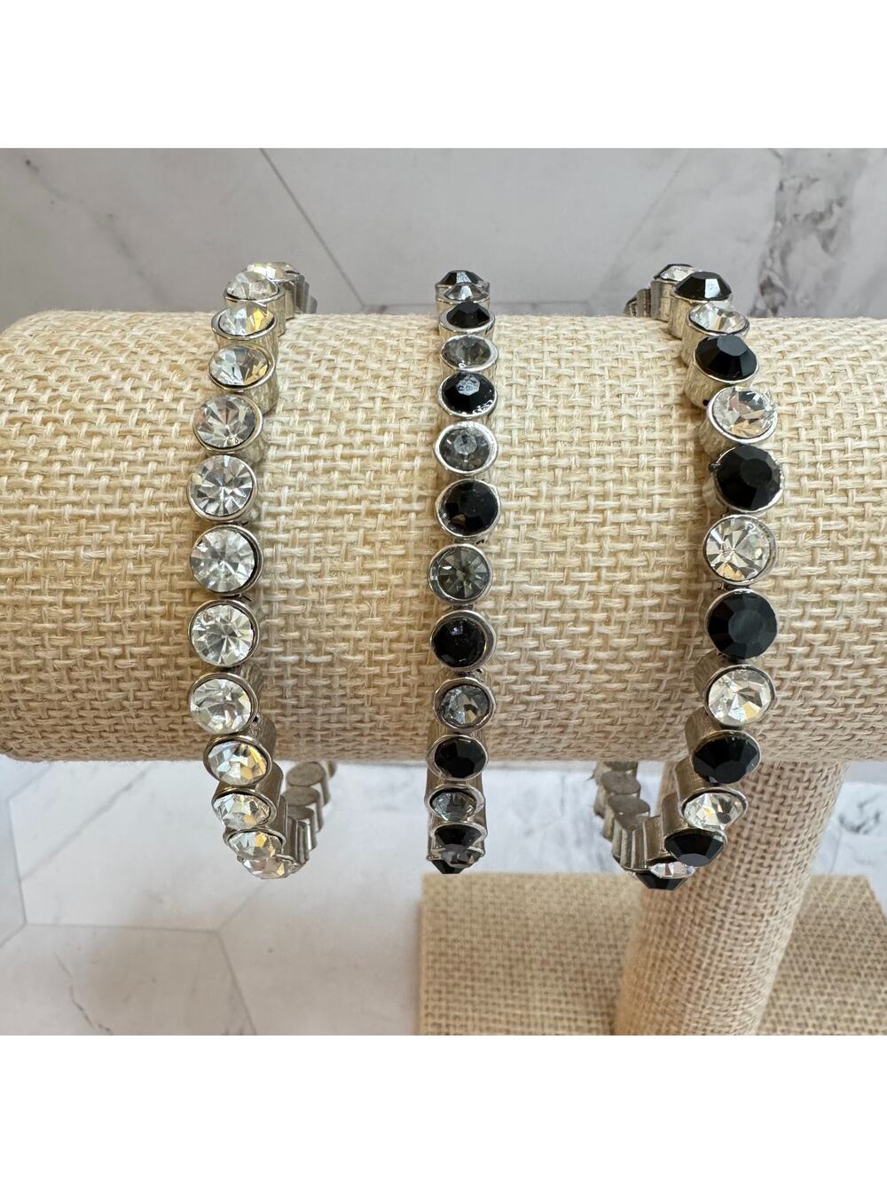 3 Rhinestone Bangle Bracelets Black Clear Silver Tone Magnetic Clasp